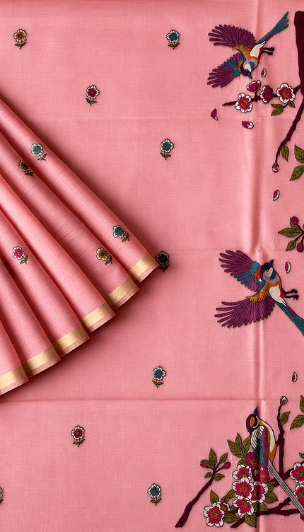 Linen Saree with Allover Thread Weaving Butties and Golden Border -Pink
