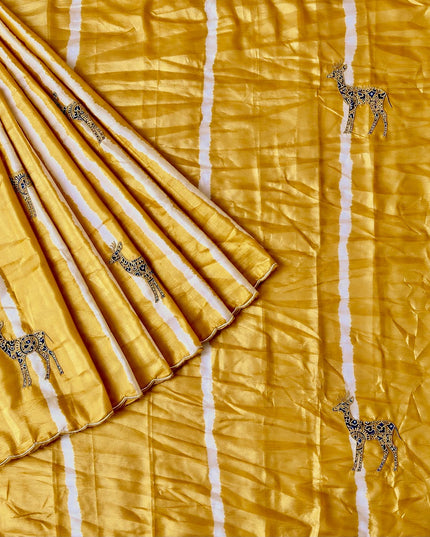 Soft  Orznga  Saree With Applique work and scallop Border-  Mustard