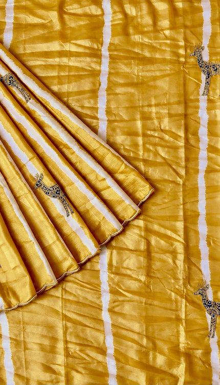 Soft  Orznga  Saree With Applique work and scallop Border-  Mustard