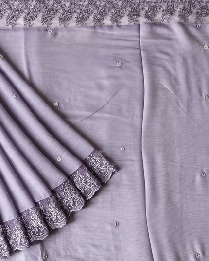 Malai Chanderi Saree with Allover small mirror work and  Thread Embroidery  Scallop Border  -  Lavender