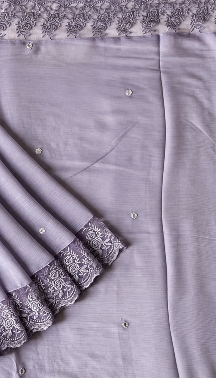 Malai Chanderi Saree with Allover small mirror work and  Thread Embroidery  Scallop Border  -  Lavender