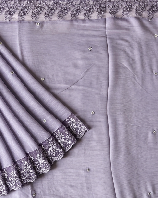 Malai Chanderi Saree with Allover small mirror work and  Thread Embroidery  Scallop Border  -  Lavender