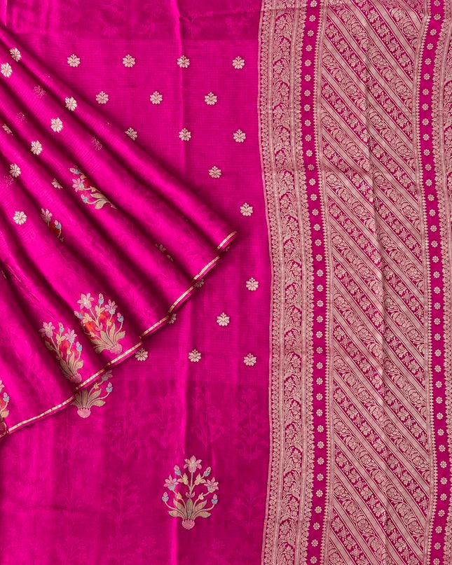 Manipuri kota  Gold and silver  Zari weaving Buttis  with Satin Border -Rani Pink