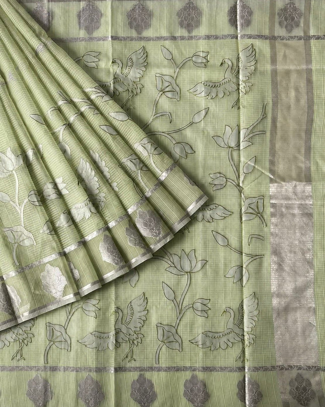 Kora Kota Saree with Applique work and Gap Border - Green