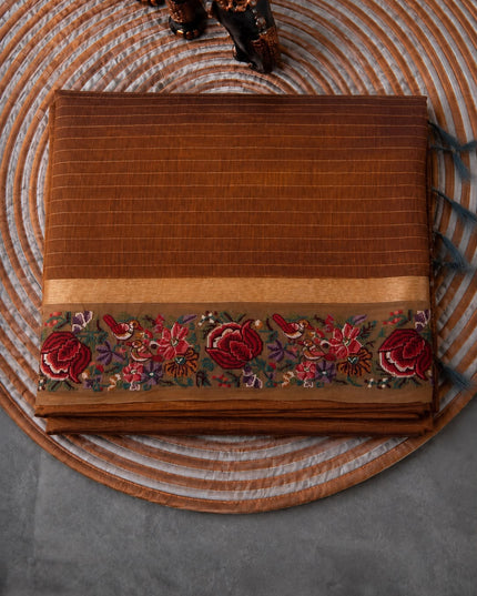 Linen Tissue Saree with Multi Stripes and Pichwai Border - Brown