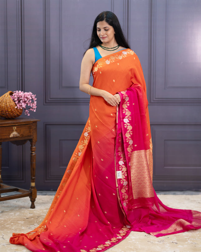 Satin Kota  Golden Zari weaving Buttis  with Banaras Border -Magenta