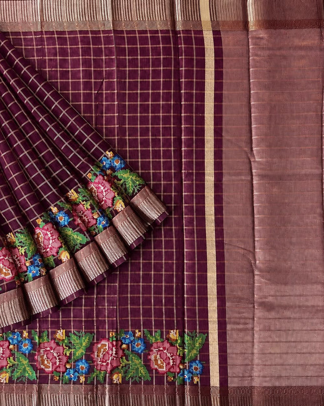 Chanderi Silk saree Cross Stich Work and Golden Border - Purple