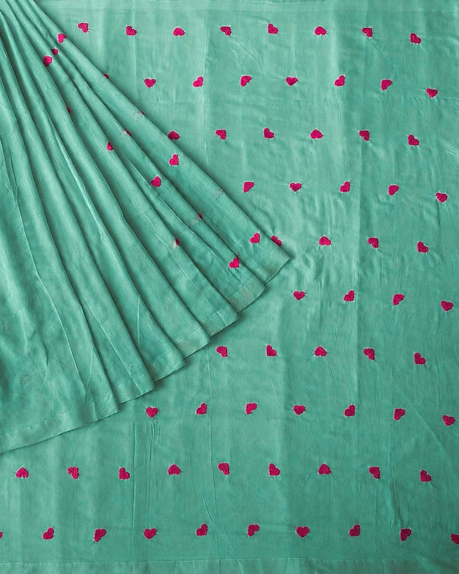 Mul Cotton Saree with Thread Work Buttes and Tassels-  Sea Green