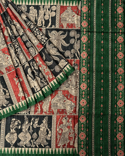 Tusser Silk Saree With Kalamkari Print and Contrast Border- Grey