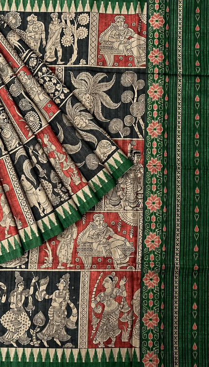 Tusser Silk Saree With Kalamkari Print and Contrast Border- Grey