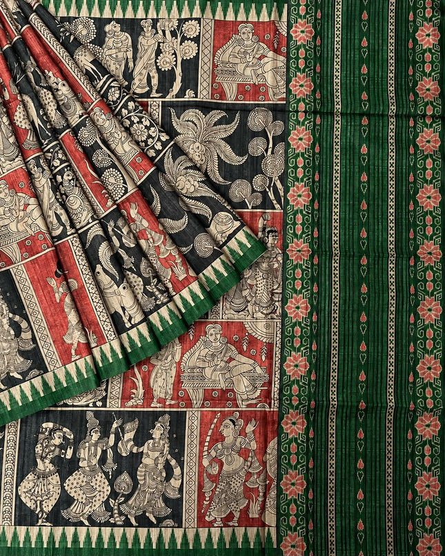 Tusser Silk Saree With Kalamkari Print and Contrast Border- Grey