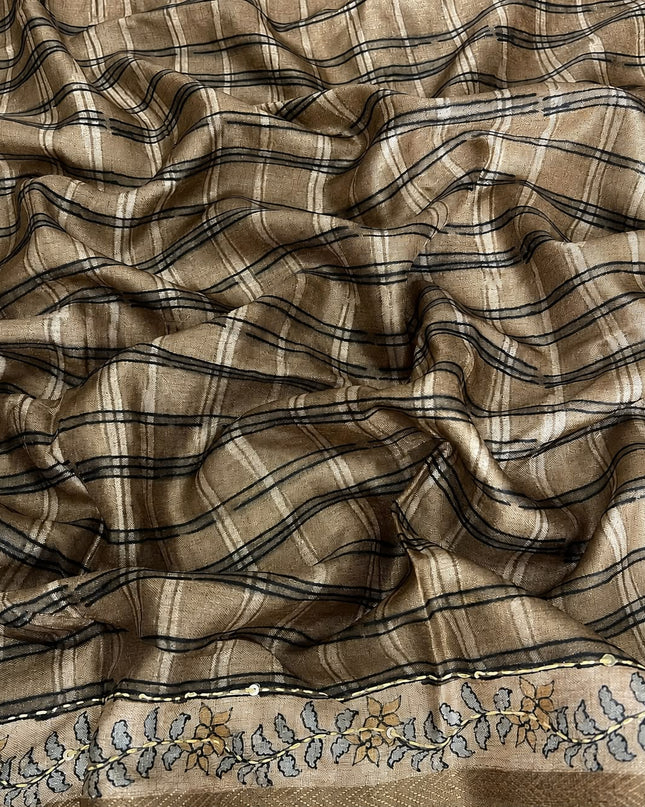 Tusser Silk Saree With Floral Print and Contrast Border - Tan