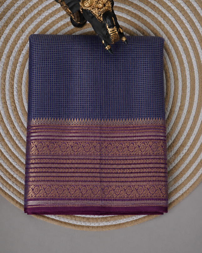 Green Silk Saree With Golden Zari Butties And Kanchi Border - Grey & Maroon