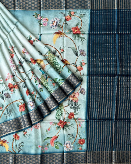 Mysore Crape Saree with Floral Print Contrast  Border - Sky  Blue