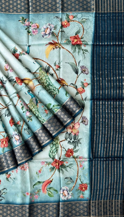 Mysore Crape Saree with Floral Print Contrast  Border - Sky  Blue