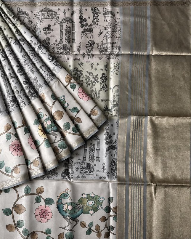 Tusser Tissue Saree With Kalamkari Print and Small Zari Border - Grey