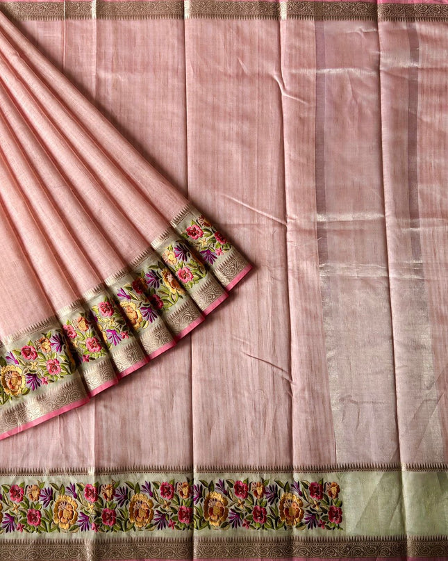 Kora Tusser saree Gap Border with Parce Work Border -  Light Pink
