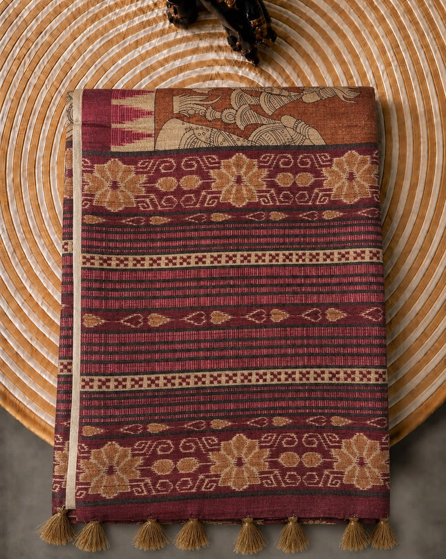 Tusser Silk Saree With Kalamkari Print and Contrast Border- Green