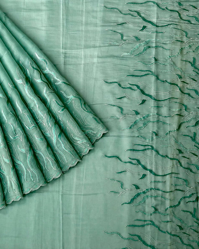 Mul Chanderi Saree with Abstract Thread work Scallop Border- Sea Green