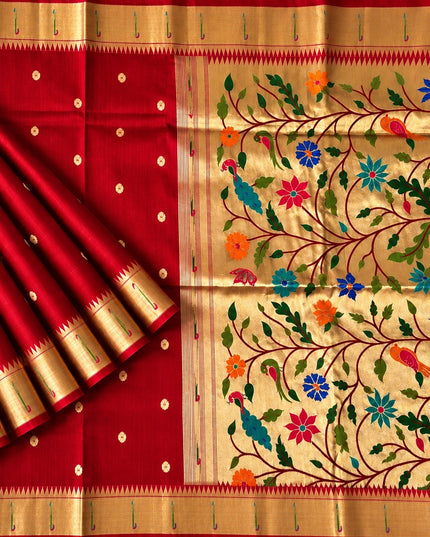 Chanderi  Saree with All over Golden Butties and muniya Border -  Red