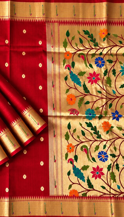 Chanderi  Saree with All over Golden Butties and muniya Border -  Red