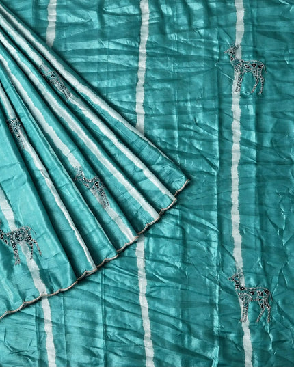 Soft  Orznga  Saree With Applique work and scallop Border-  Sky Blue