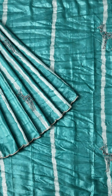 Soft  Orznga  Saree With Applique work and scallop Border-  Sky Blue