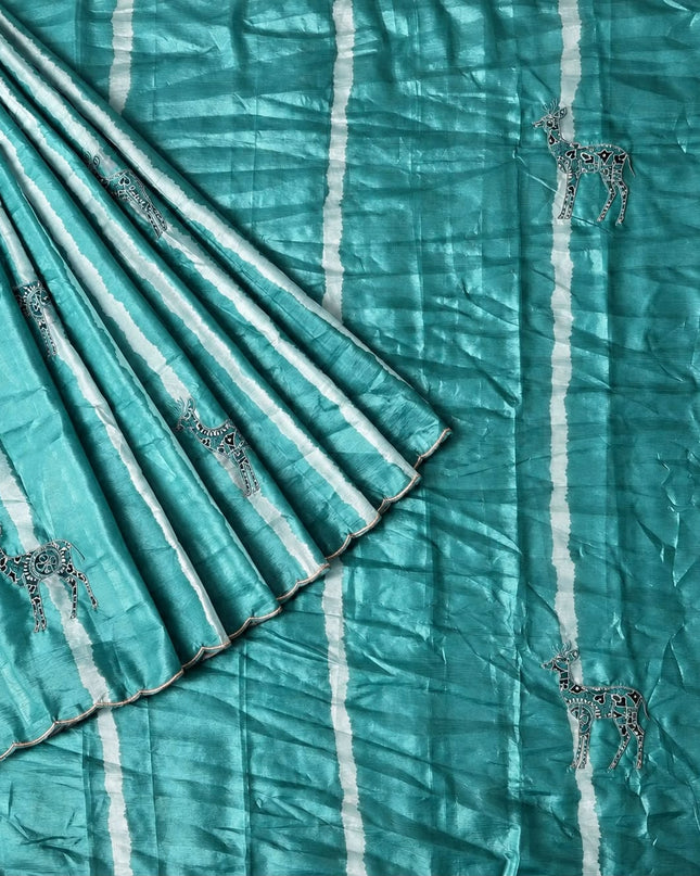 Soft  Orznga  Saree With Applique work and scallop Border-  Sky Blue