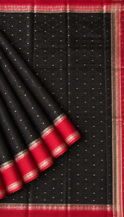 Munga Silk Saree With All over Oosi Design and Small Gold Butties  Contrast Border- Black & Red
