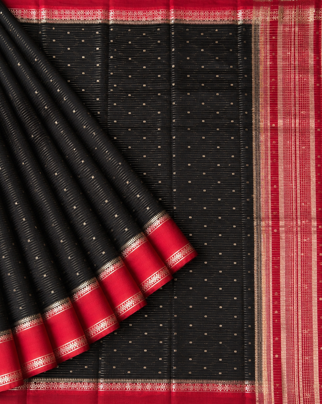 Munga Silk Saree With All over Oosi Design and Small Gold Butties  Contrast Border- Black & Red