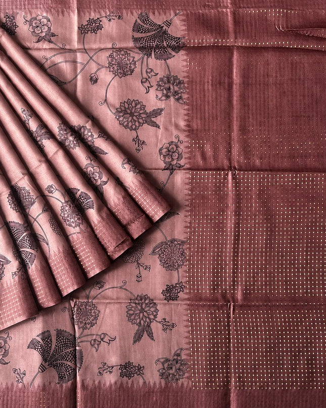 Tusser Silk saree with Floral Print - Pink