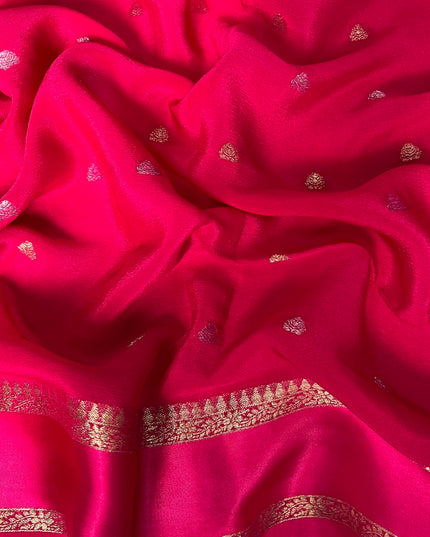 Banaras Crepe Saree with Weaving Butties and Satin Border- Rani Pink