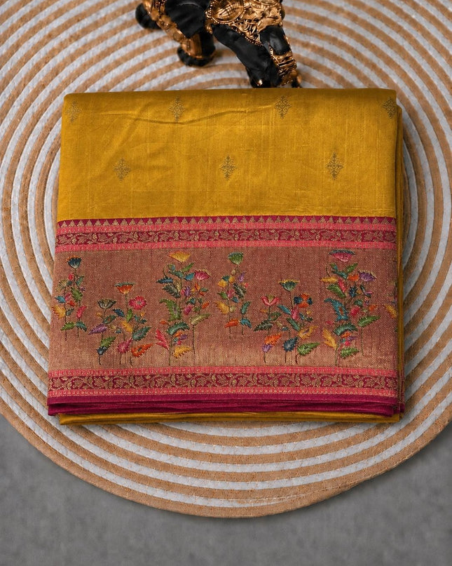 Munga Banaras Saree with Golden Buttes and Meena Kari Border - Mustard