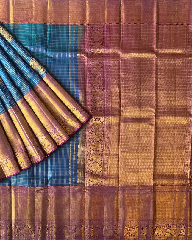 Pure Pattu Saree With Golden Check Weaving and Flower Buttes and Contrast Border - Peacock Blue