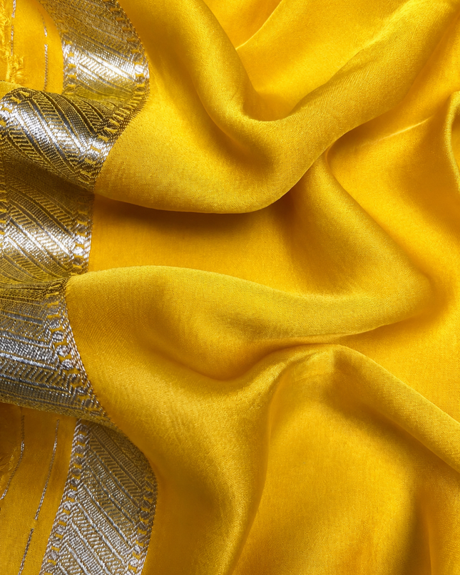 Mashru Banaras saree with Silver butties and Silver Kaddi border - Yellow