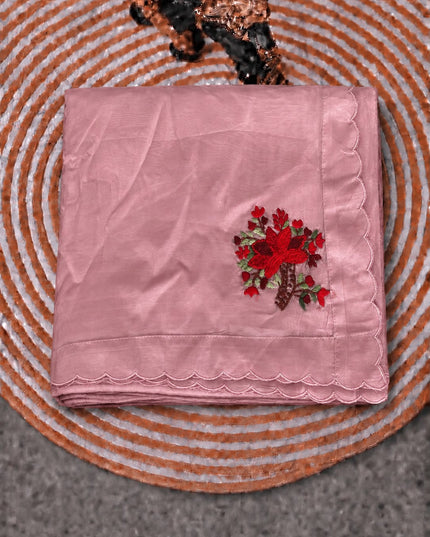 Italian Silk Saree With Kantha Work and French knot Work and Scallop Border- Pink