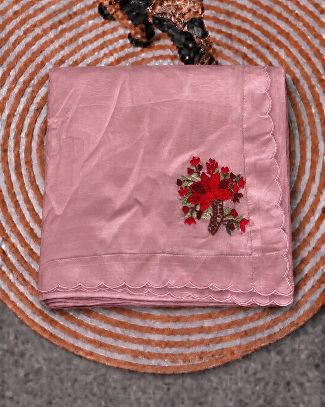 Italian Silk Saree With Kantha Work and French knot Work and Scallop Border- Pink