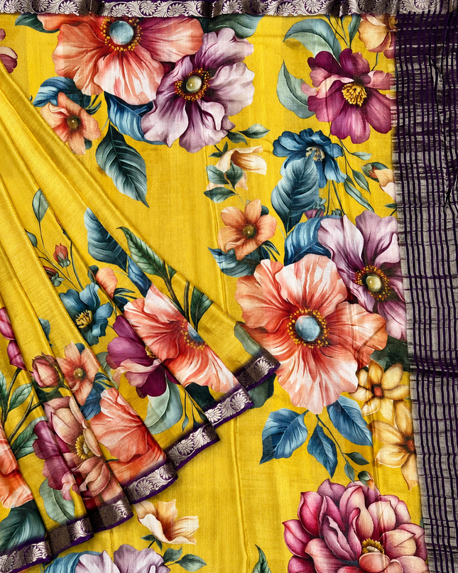 Crepe Silk Saree with  Floral Print with Contrast  Border -  Mehanadi Green
