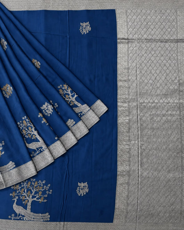 Mashru Banaras with Gold & Silver Buttes and Silver Zari Border  - Peacock Blue