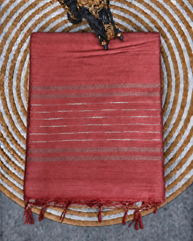 Chanderi Saree with Self Weaving  Lines contrast Border - Grey & Pink