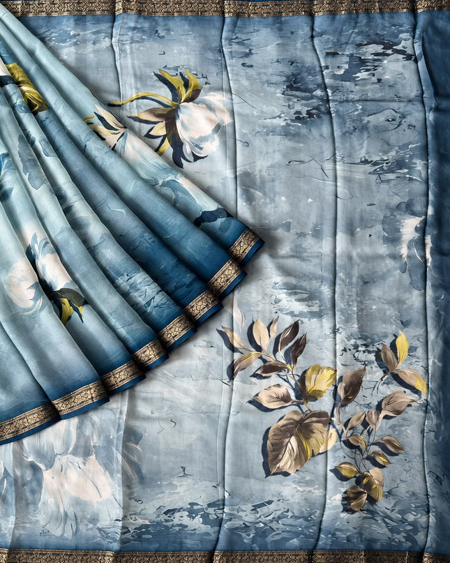 Chiffon Saree With Floral Print and Golden Zari Border  - Light Blue