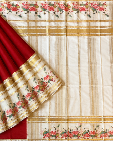 Crepe Saree With Gap Border and  Floral Print -Red