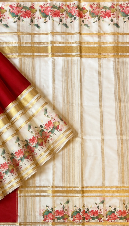 Crepe Saree With Gap Border and  Floral Print -Red