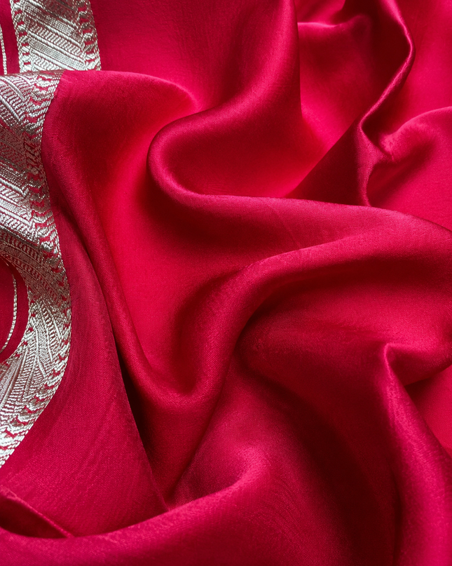 Mashru Banaras saree with Silver butties and Silver Kaddi border - Rani Pink