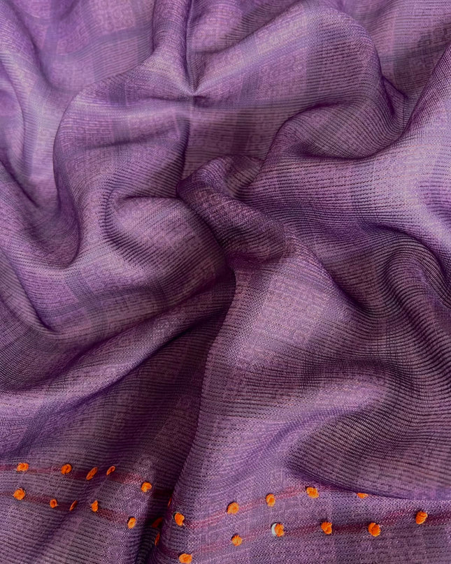 Kota Silk Saree with French Knot Work and Contrast Border  -Light Lavender