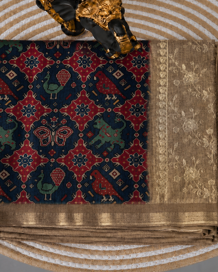 Tusser Silk Saree with Patola Print and Contrast Border - Navy Blue