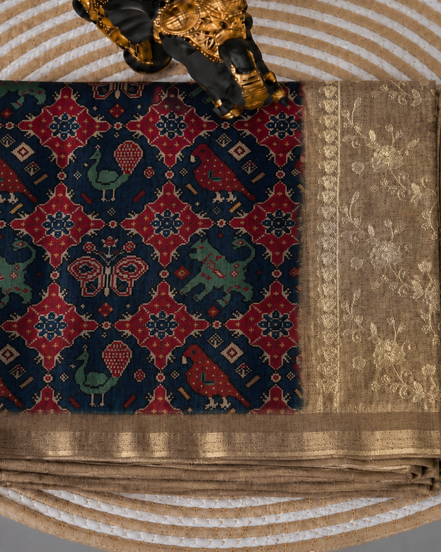 Tusser Silk Saree with Patola Print and Contrast Border - Navy Blue
