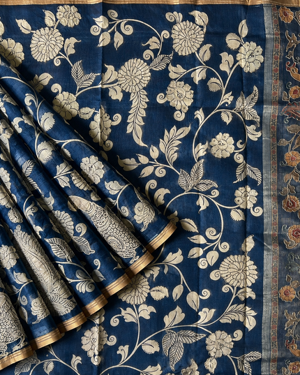 Kora Tusser kalmkari Sarree  With  Dori work and  Golden Border-  Blue