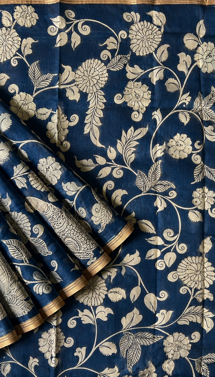 Kora Tusser kalmkari Sarree  With  Dori work and  Golden Border-  Blue