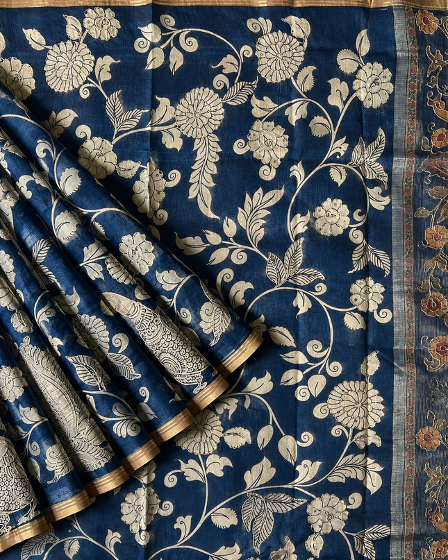 Kora Tusser kalmkari Sarree  With  Dori work and  Golden Border-  Blue